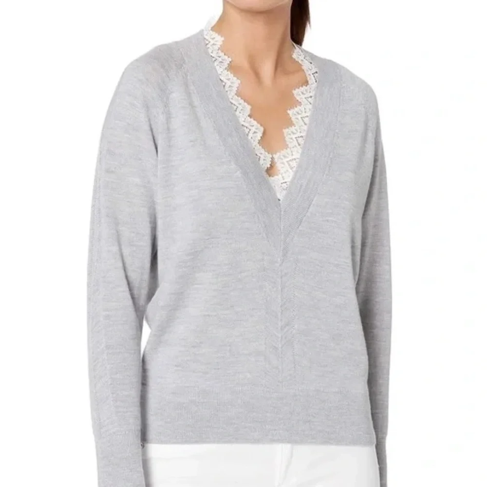 REBECCA TAYLOR Grey Lace Combo Pullover